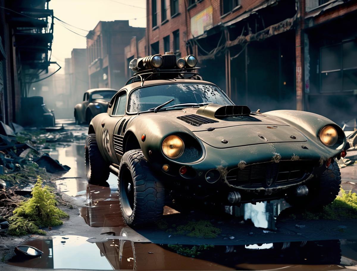a photo of a dieselpunk sports car, 3/4 front view, survival, post-apocalyptic, cyberpunk, outdoors, ((night)), destructio...